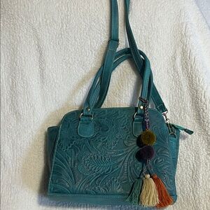 Teal Embossed Shoulder Bag with Tassels